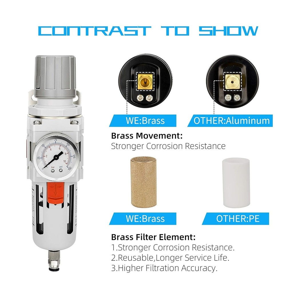 3/4" NPT Compressed Air Filter Regulator Combo Piggyback, 5 Micron Brass Elem...