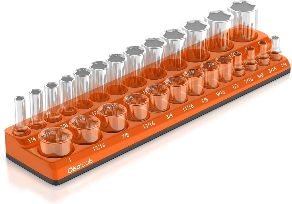 Secure Magnetic Socket Organizer for 3/8-Inch Deep & Shallow Sockets - Orange