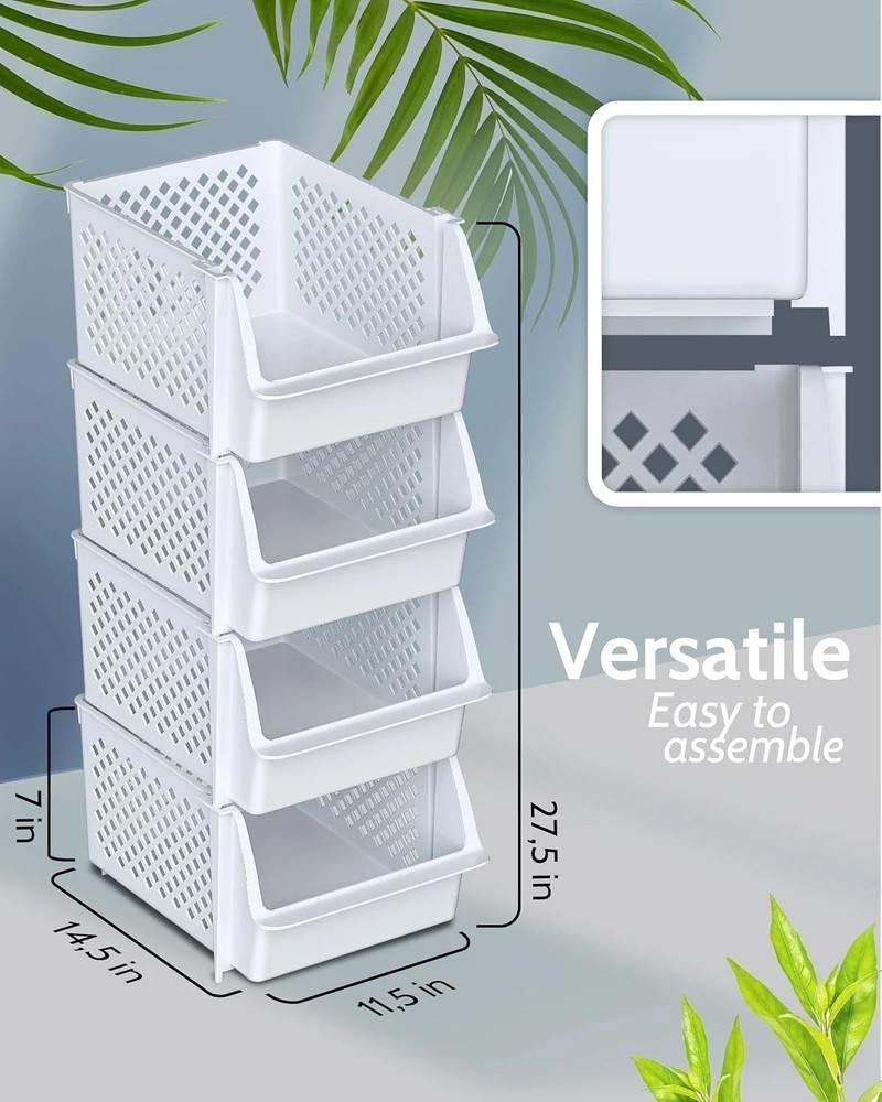 TidyFriend Stackable Storage Bins, 4 Pack - White