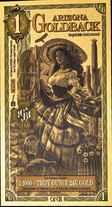 Arizona 1 Goldback Alpha 1/1000 Oz Fine Gold .999 Gold Backs AZ 24k Gold Back