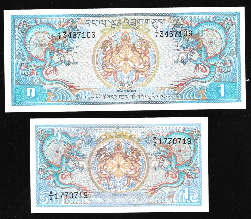 Bhutan - 2 diff. 1 Ngultrum Notes (1981-P5) (1986-P12) Uncirc.