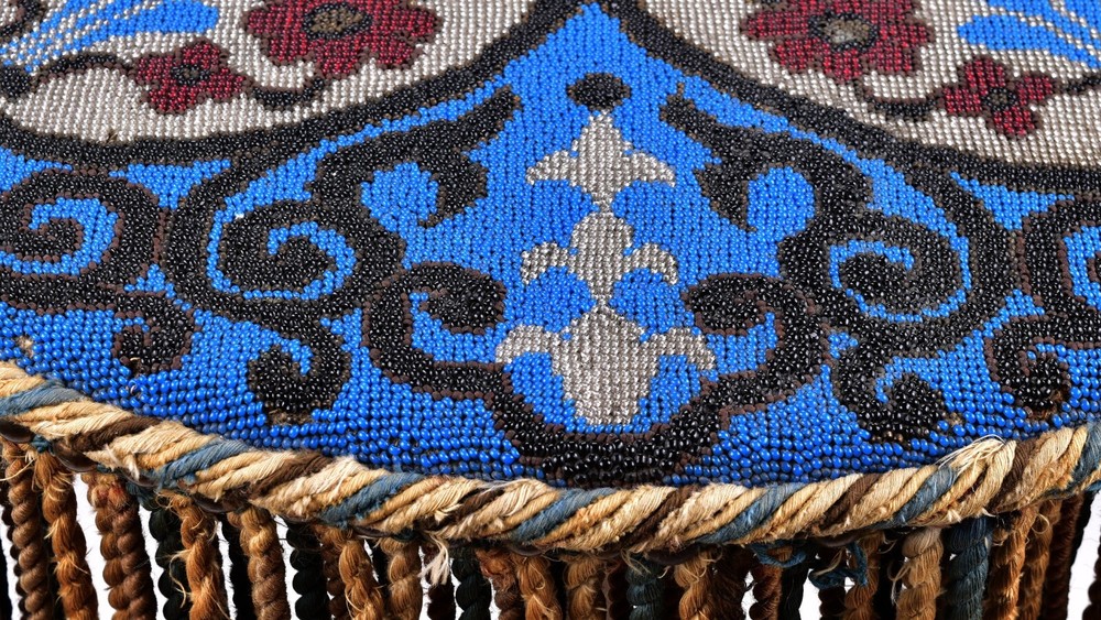 Antique Walnut Side Table with Micro Beaded Top Hand Needlework