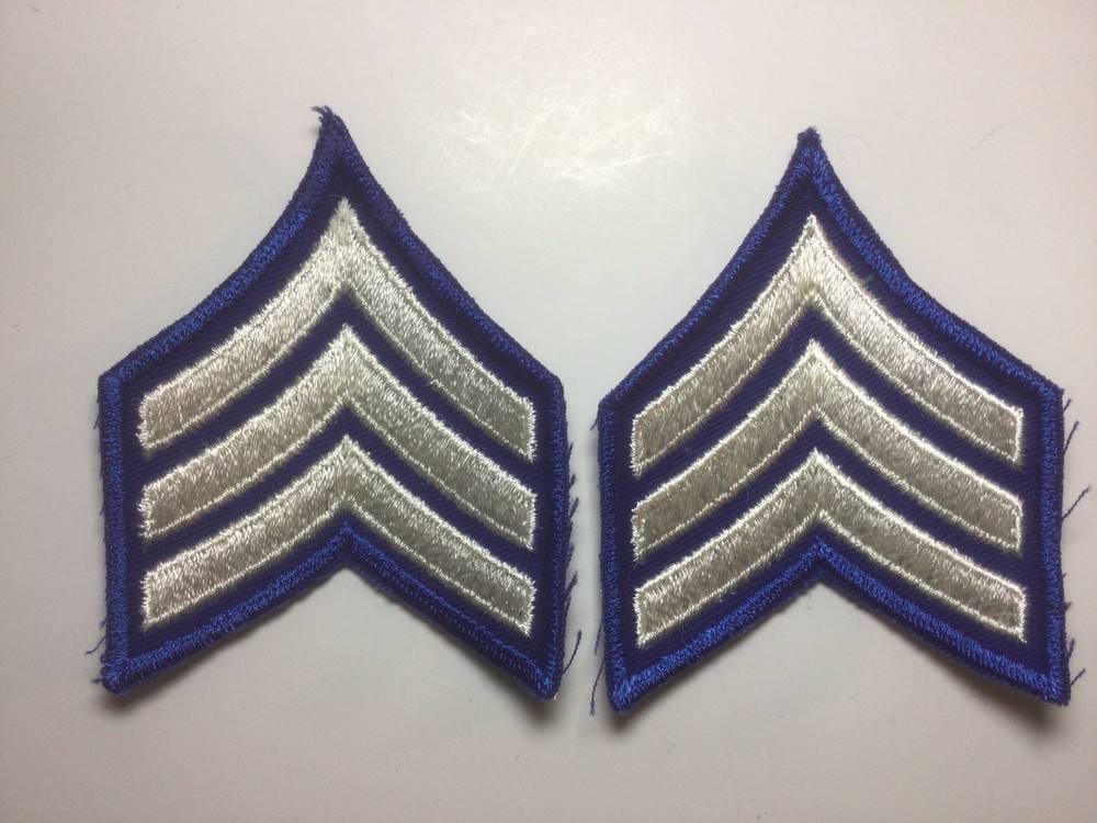 (2) Sergeant Chevron - 3 WHITE Stripes on ROYAL Blue Patch (Royal Border) Old