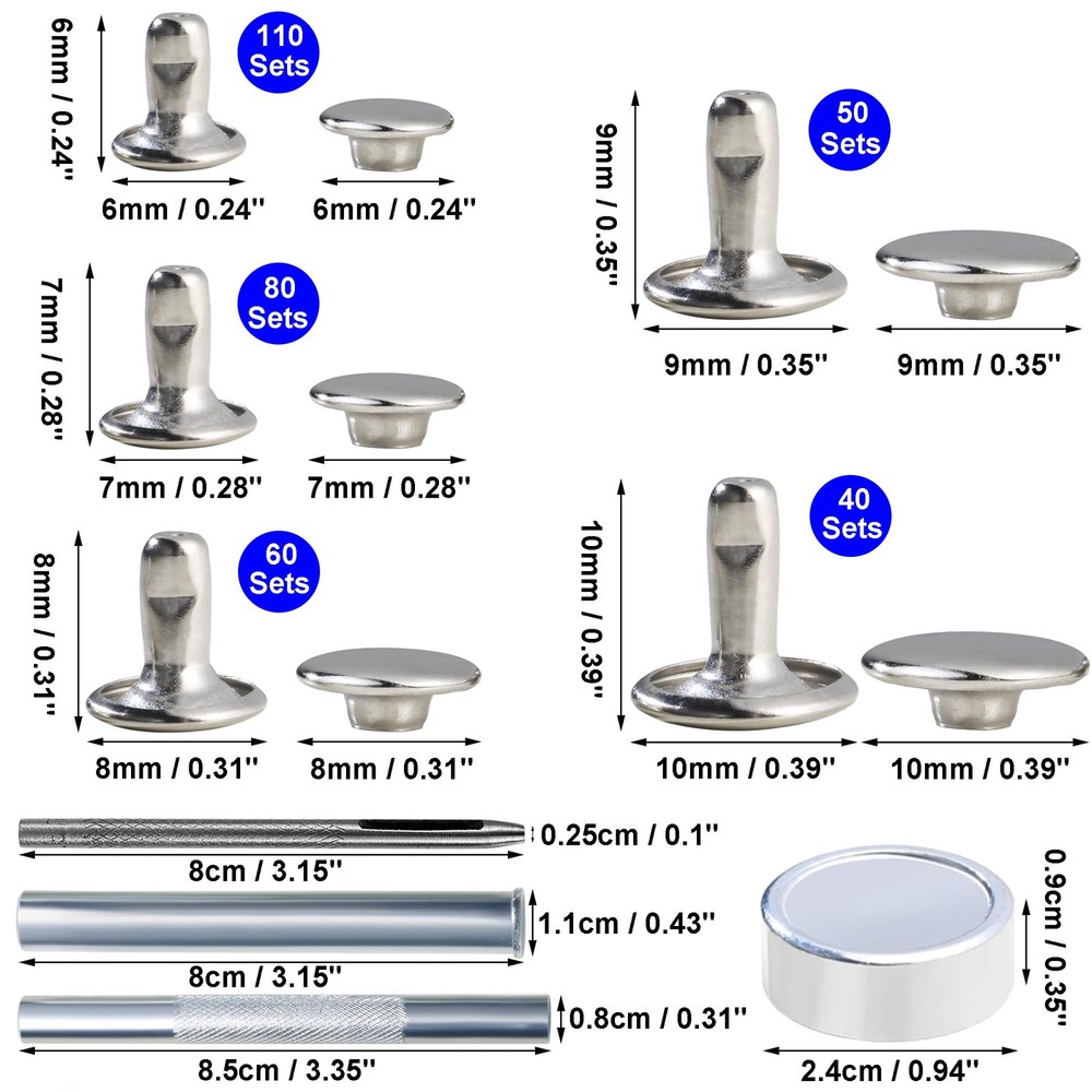 340 Sets Leather Rivets Kit Mixed Sizes Rivets for Leather Double Cap Rivets ...