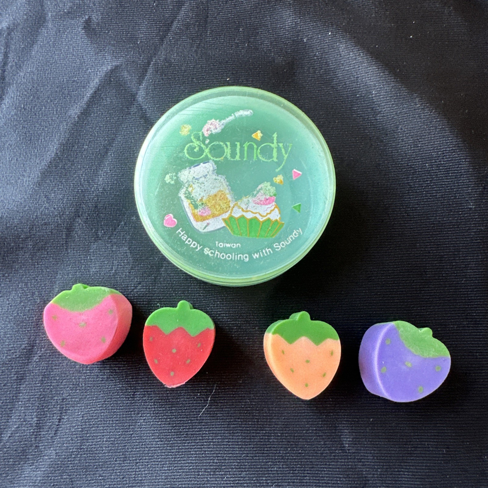 Vintage 80s Strawberry Erasers Set of 4 in Original Container Soundy Taiwan