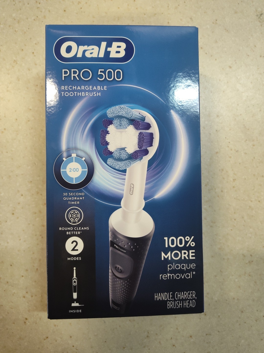 Oral-B Pro 500 Black Rechargeable Toothbrush 2 Modes 30 Second Quadrant Timer