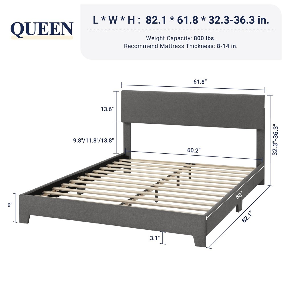 Queen Bed Frame Adjustable Headboard Upholstered Platform Dark Grey AK-2515DG
