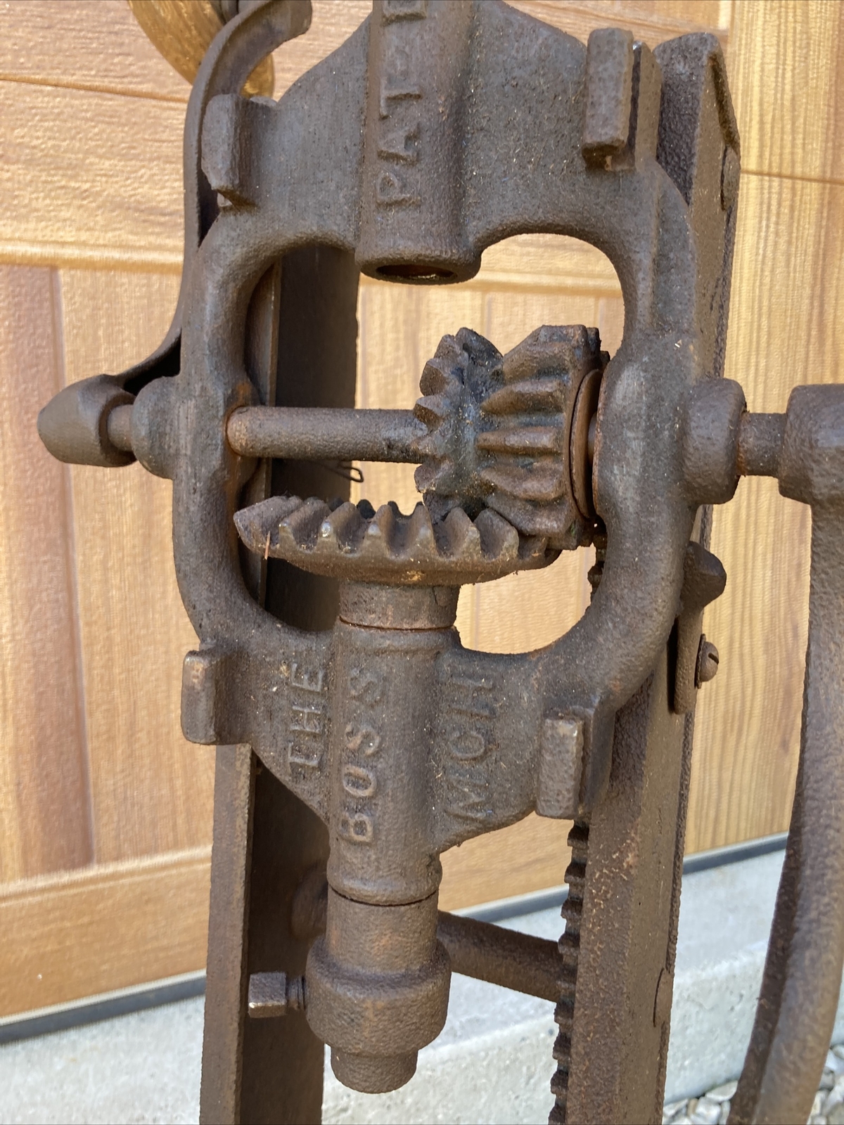 Antique Buckeye Boss Barn Beam Auger Drill Wood Cast Iron Anderson Indiana