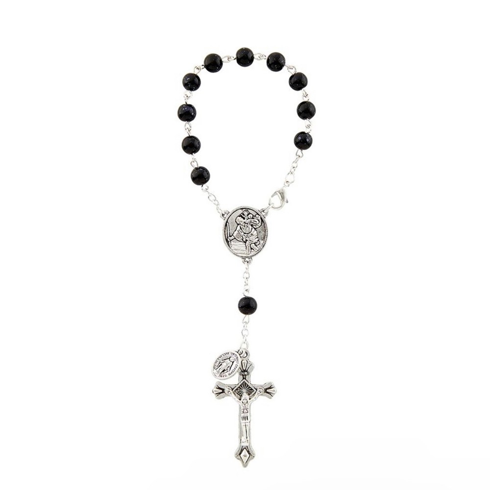 St Christopher Black Glass Rosary Car Mirror Pocket Miraculous Medal Crucifix