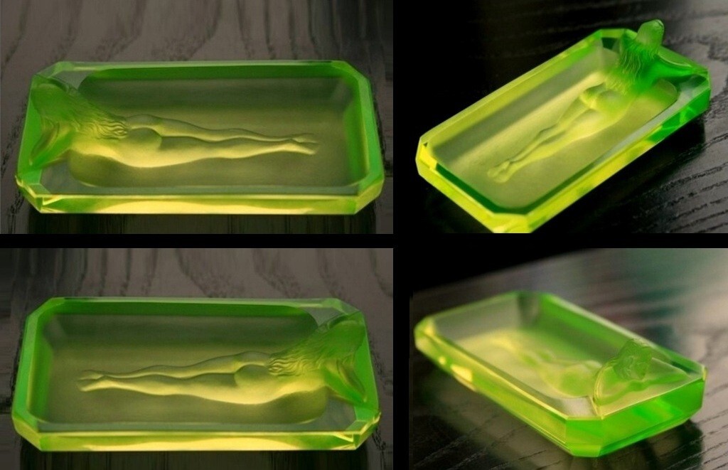Art Deco Sculpture Yellow Vaseline Uranium Glass Bowl 1930' H.Hoffmann