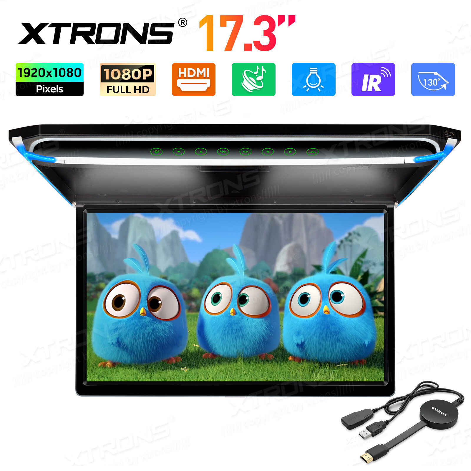 17.3" HDMI Car Roof Overhead Flip Down Monitor Full HD 1080P + Miracast Dongle