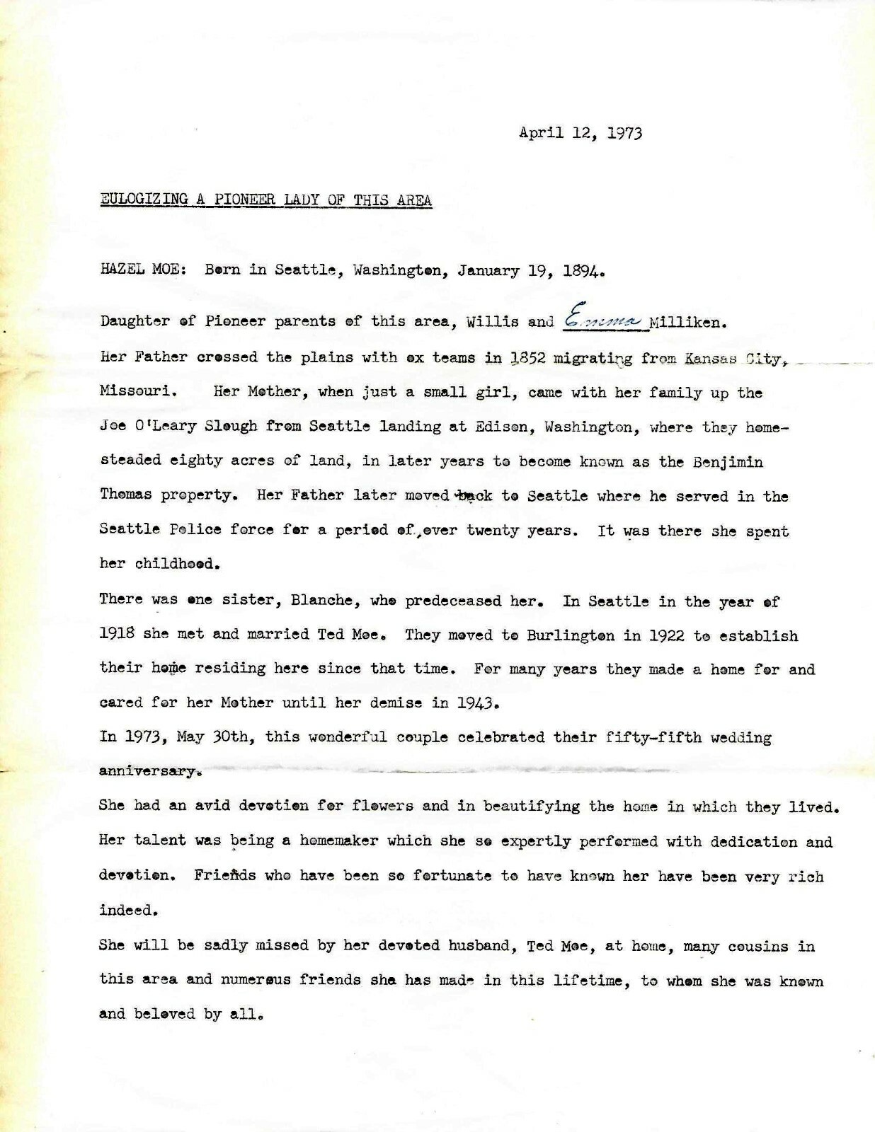 c1913 TWO TYPEWRITTEN MANUSCRIPTS EDISON WASHINGTON PIONEER MILLIKEN MOE Family