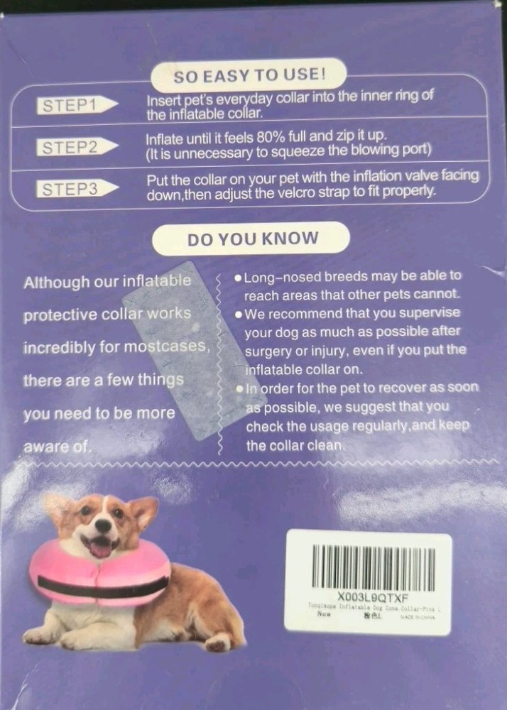 Tonqixope Inflatable Protective Pet Collar, Large, Pink, New