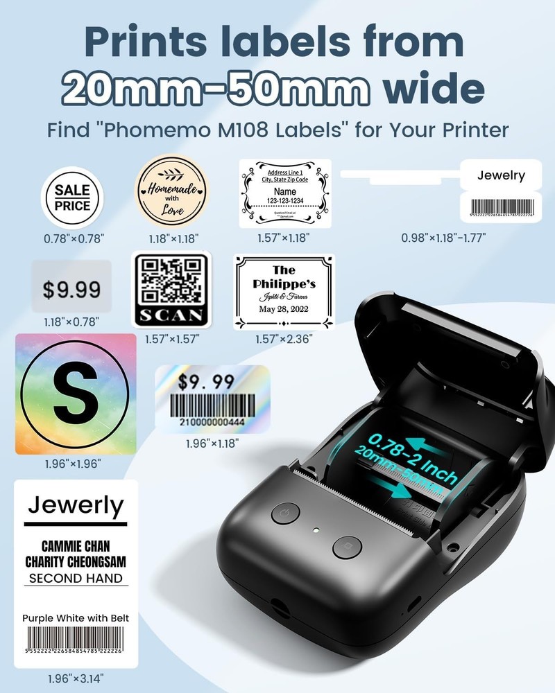 M108 2-Inch Bluetooth Label Maker - Portable Inkless Printer for All Projects