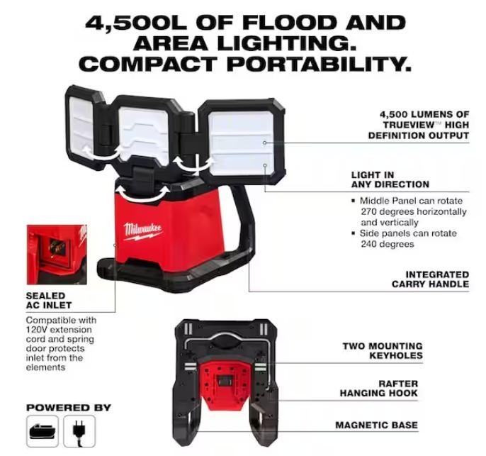 Milwaukee M18 ROVER 2368-20 Dual Power Triple-Panel Flood Area Light 4500 Lumens