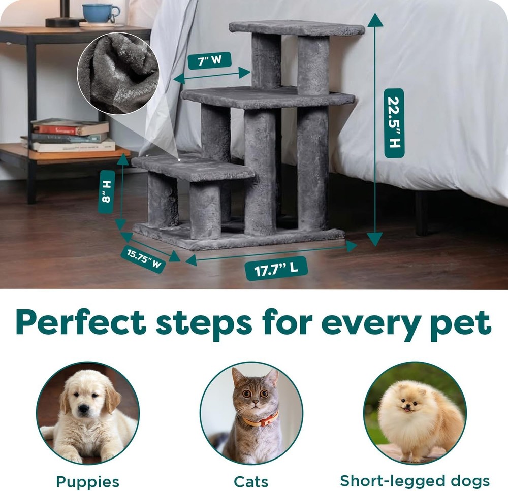 Steady Paws Multi-Step Pet Stairs High Beds & Sofas Gray 3-Step