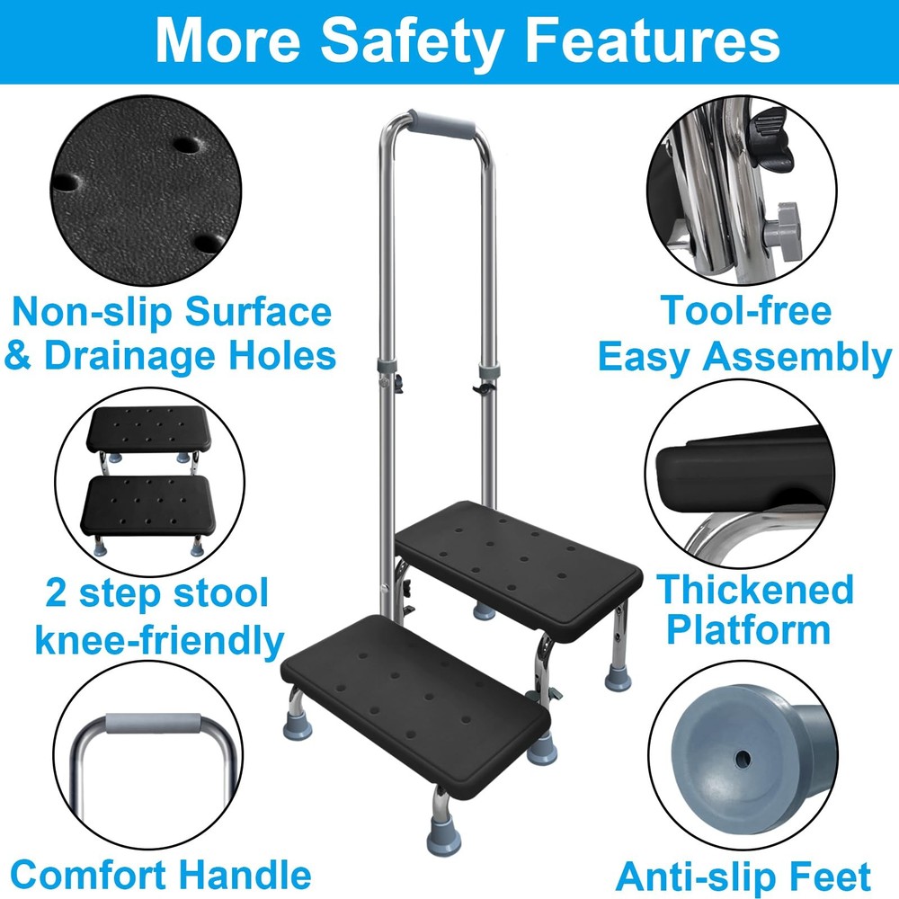 Step Stool with Handle, 400 lbs Adjustable 2 Steps Stool with Handrail for Ad...