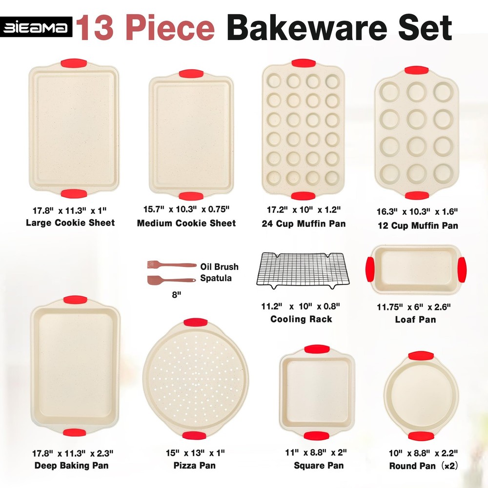 BIEAMA 13-Piece Baking Pans Sets, Nonstick Bakeware Large, Cream