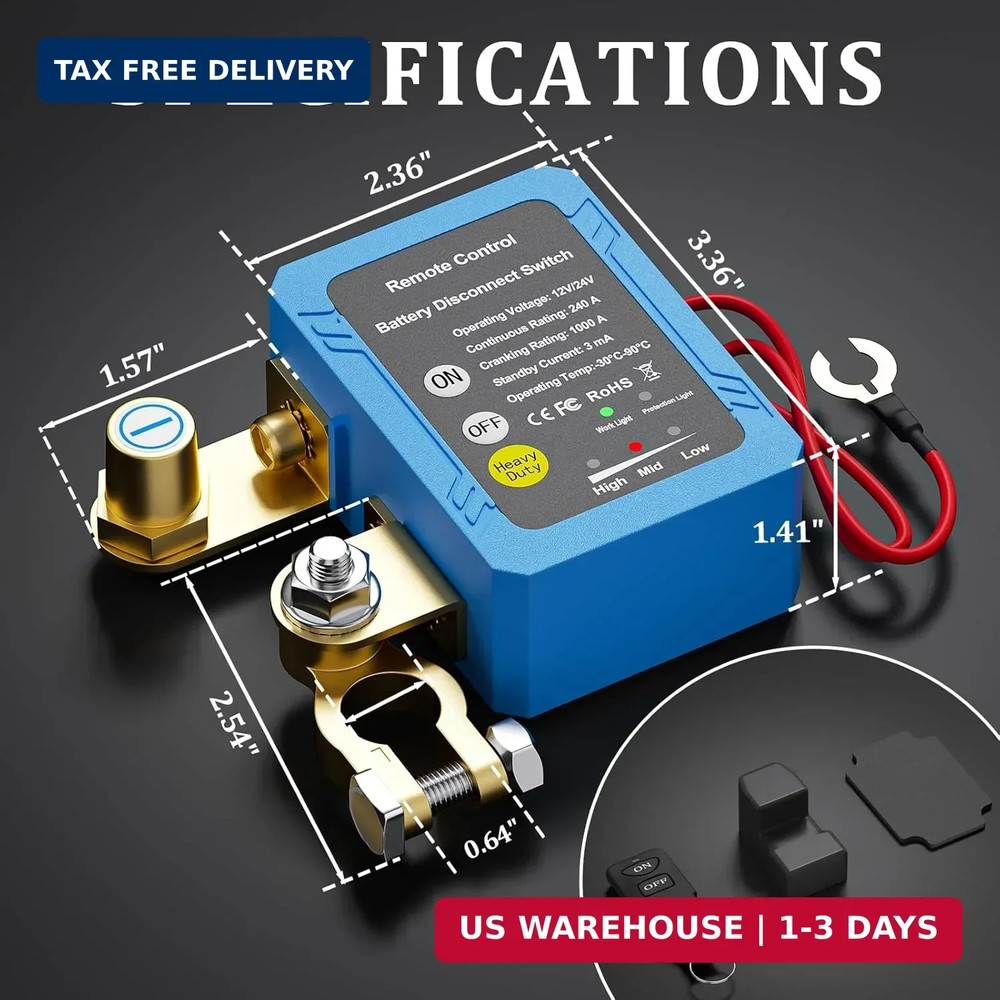 Remote Battery Disconnect Switch 12V, 240A, Kill Switch for Car Prevent Battery