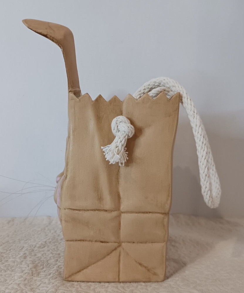 9" Ceramic Easter Bunny Bag Candy Basket w/Rope Handle & Whiskers