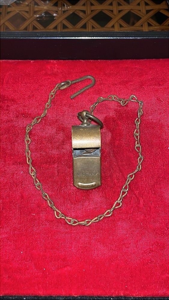 Vintage Brass Military Whistle With Hook & Chain Cork Working Order USA