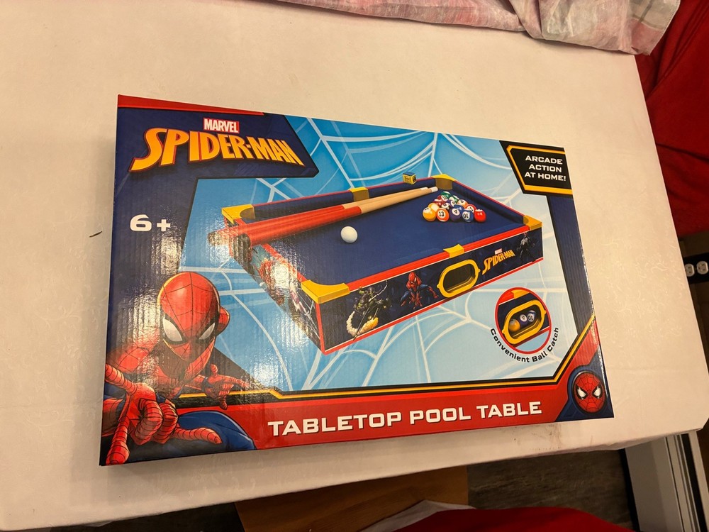 Marvel Spiderman 19" TableTop Pool Table, Convenient Ball Catch New Never Used