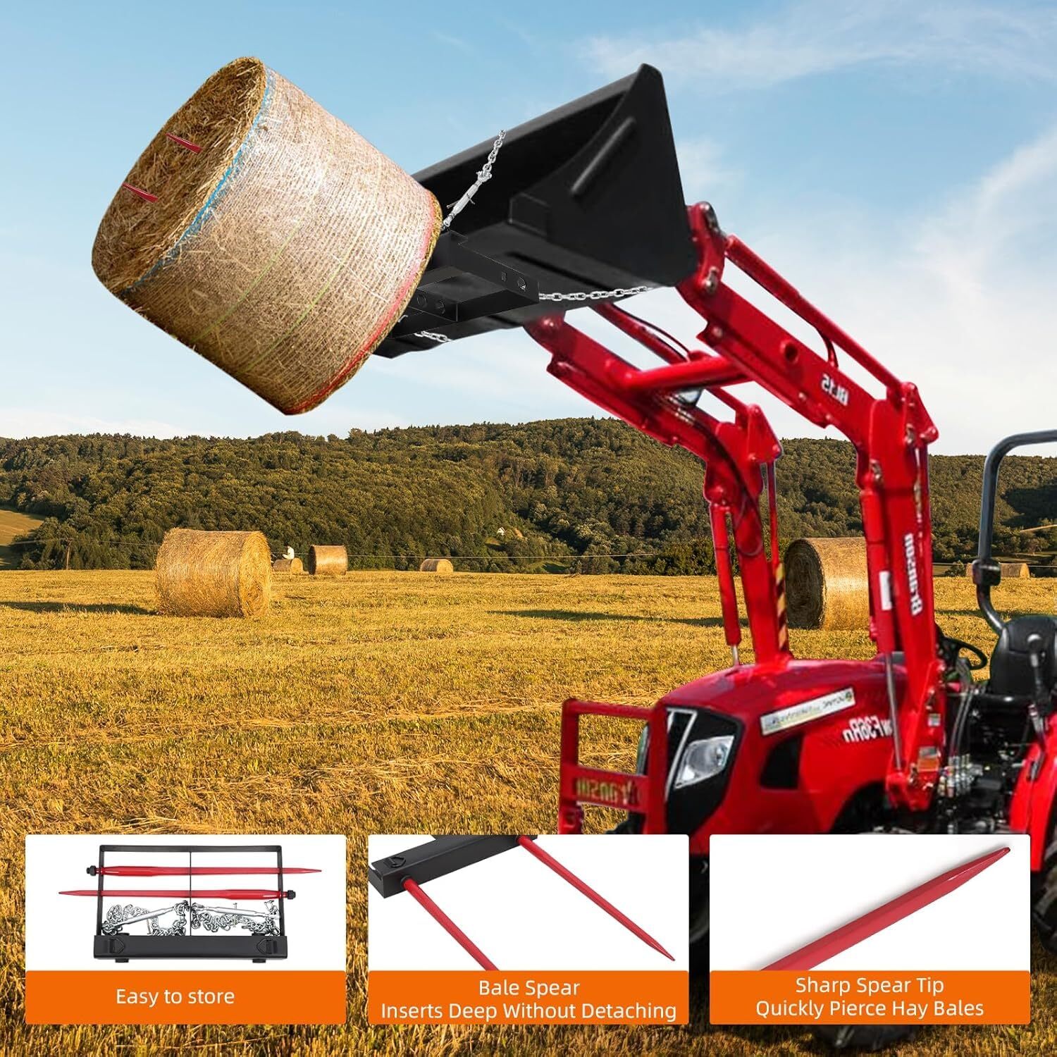 39" Hay Spear Bale Spear 4000lbs Skid Steer Loader Tractor Bucket Attachment