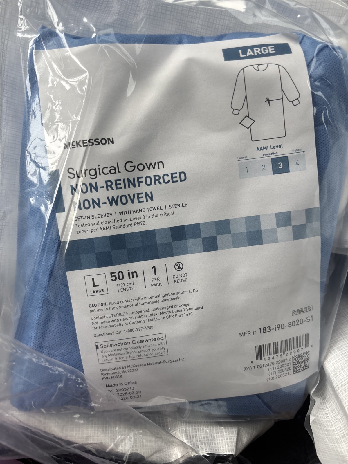 MCKESSON SURGICAL GOWN REINFORCED NON WOVEN LARGE 50 L #183-I90-8020-S1 Exp.2025