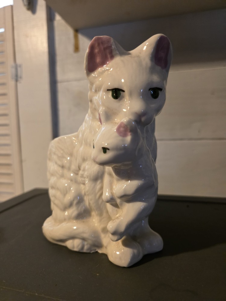 Vintage Cat Holding Kitten Ceramic Planter