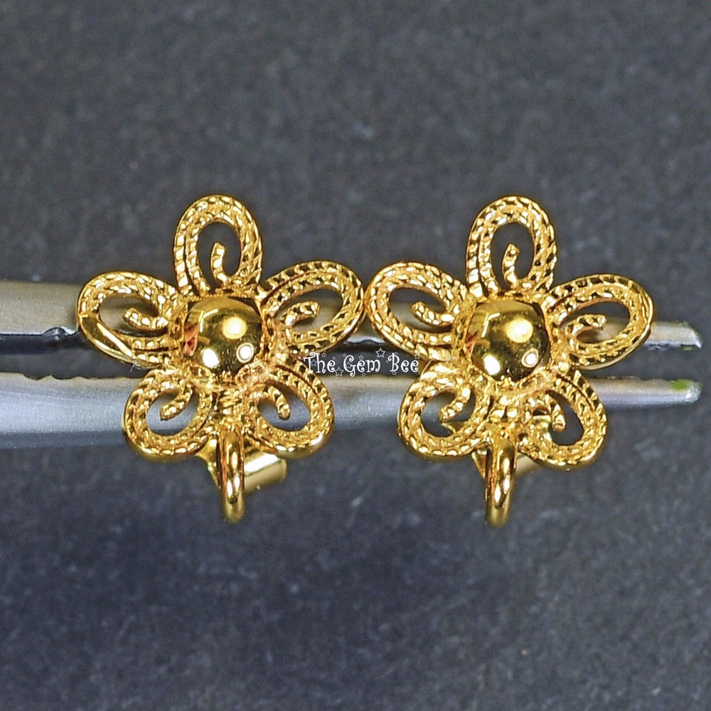 18k Solid Yellow Gold Filigree Fancy Flower Ear Posts With Backs PAIR