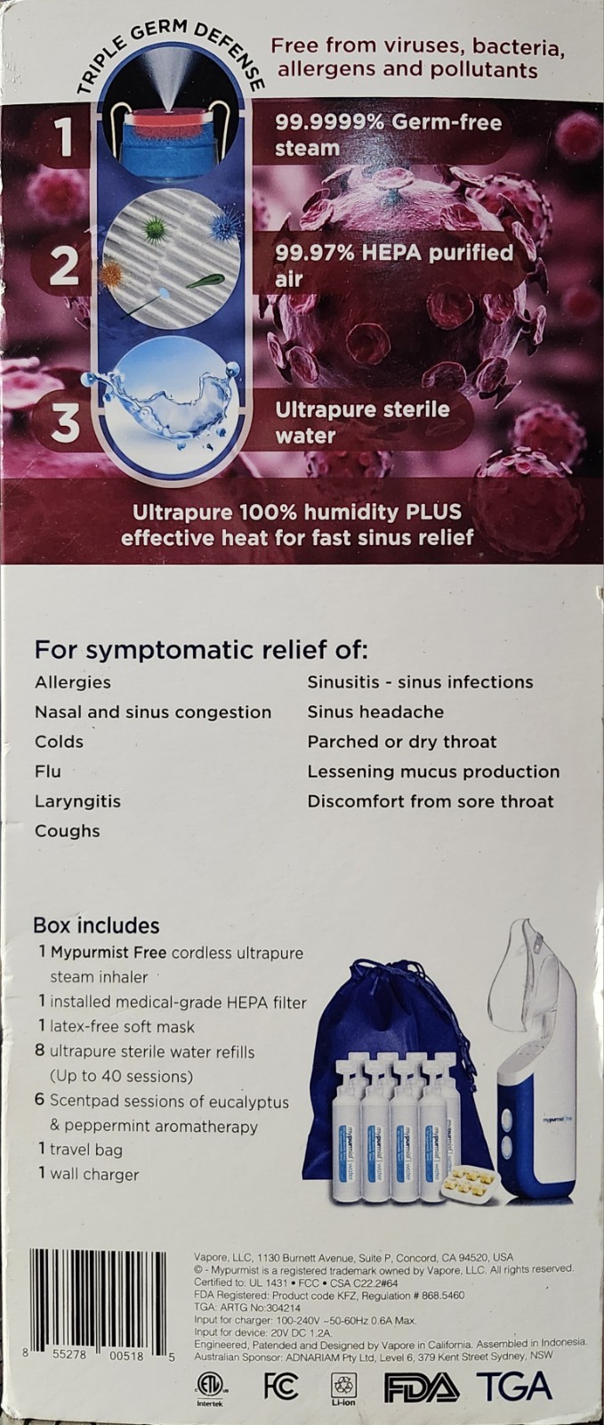 Mypurmist Free Ultrapure Handheld Personal Steam Inhaler (Cordless) - New
