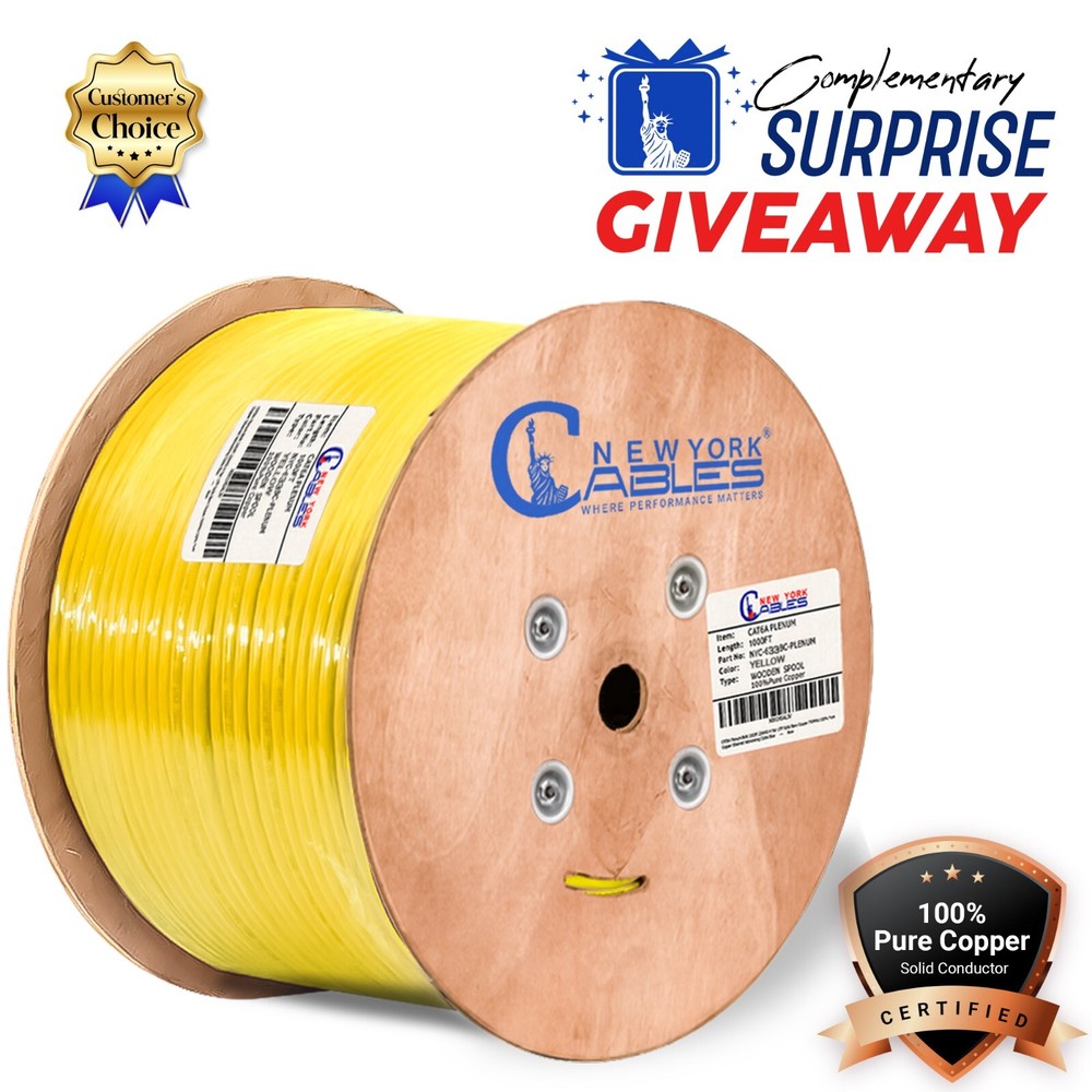 Cat6A 1000ft UTP Bulk Ethernet Network Cable 10G 23AWG Solid wire Plenum Yellow