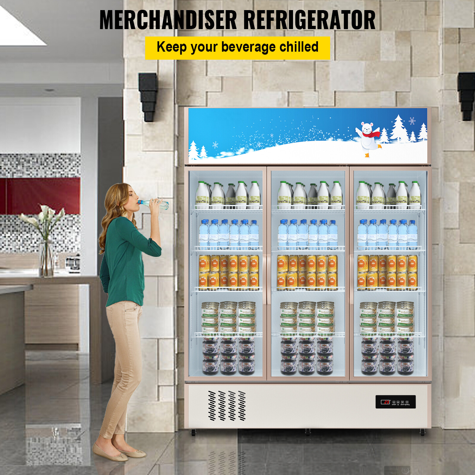 59'' Commercial Merchandiser Refrigerator 35 Cu.ft Beverage Cooler 3 Glass Doors