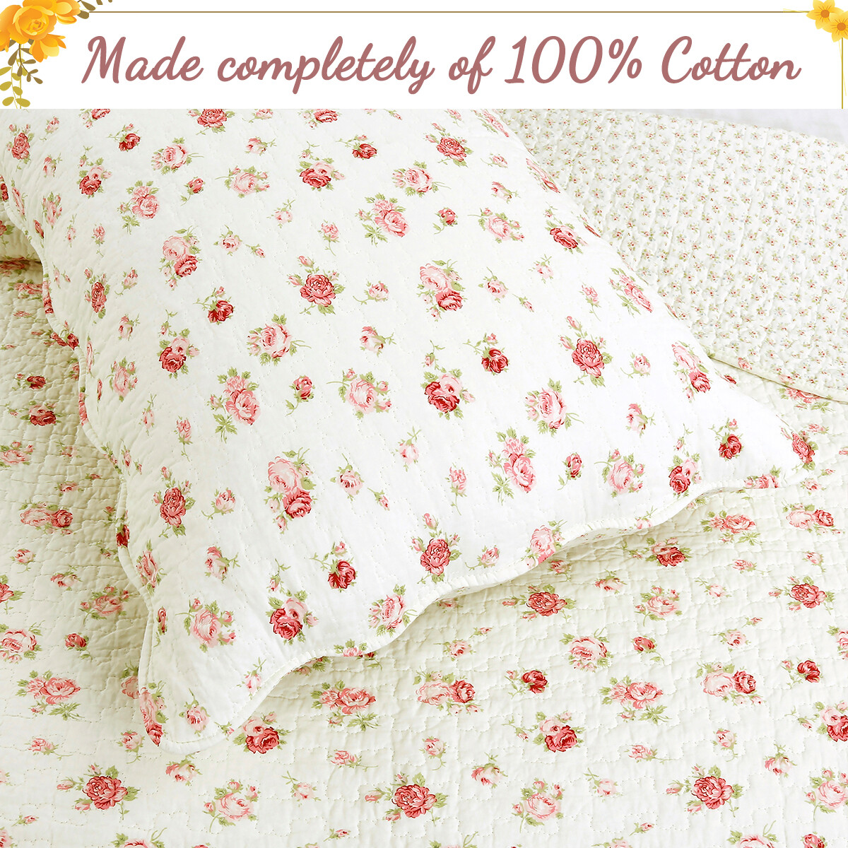 Pink Rose Garden 100% Cotton Quilt Set, Bedspread, Coverlet