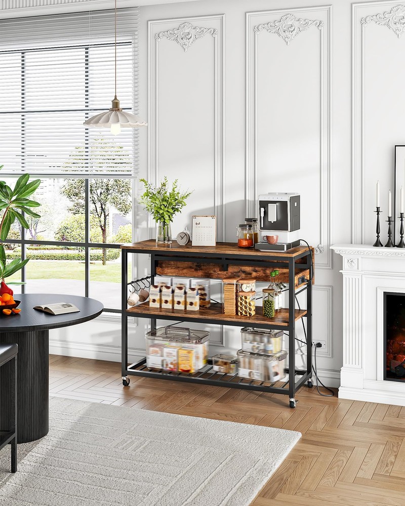 Rustic Kitchen Island with Power Outlet, Folding Top & Wine Rack, Large Size