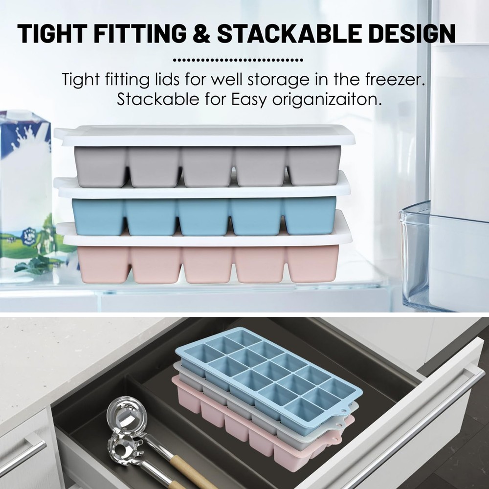 3PC Silicone Ice Cube Trays with Lid Easy Release Stackable Freezer Ice Maker
