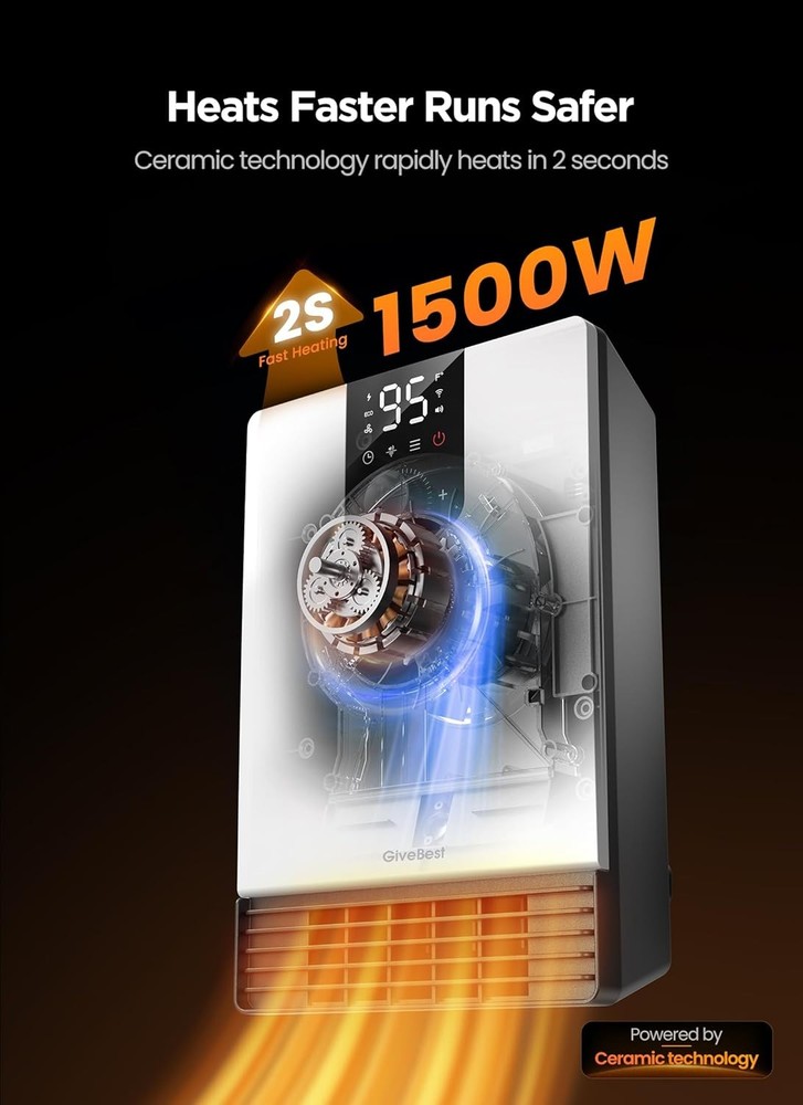 1500W Wall Mounted Heater with Digital Display, Remote & App Control