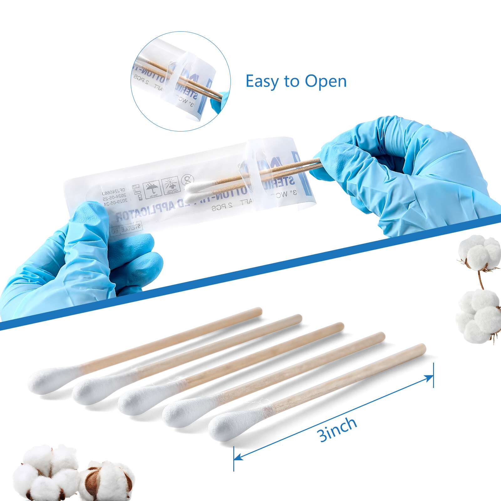 Wood Handle 3" Sterile Cotton Swabs Q-tips Cleaning Applicators High Absorbent