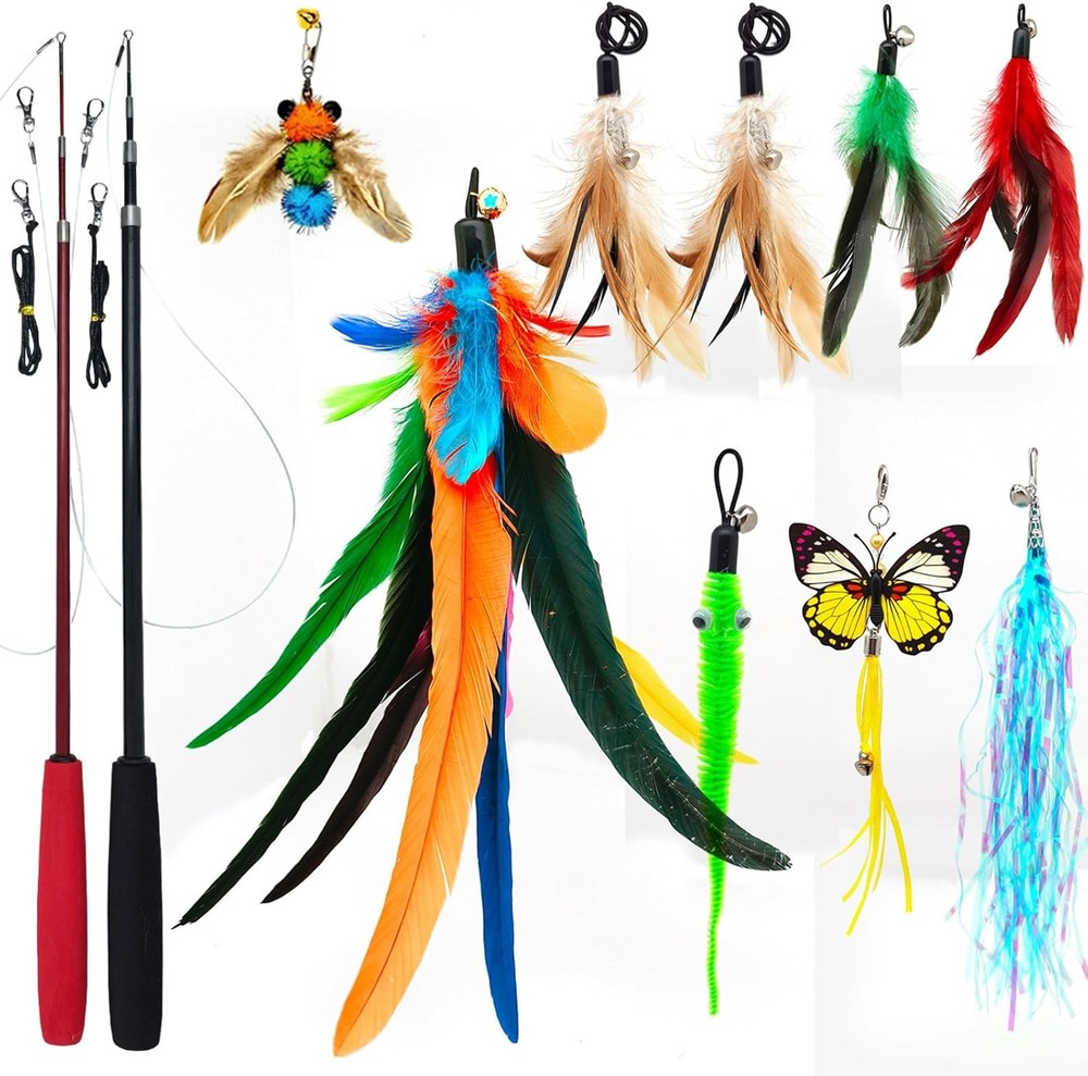 Interactive Ultra-Long Cat Teaser Toys Set - 2PCS with 9 Feather Attachments