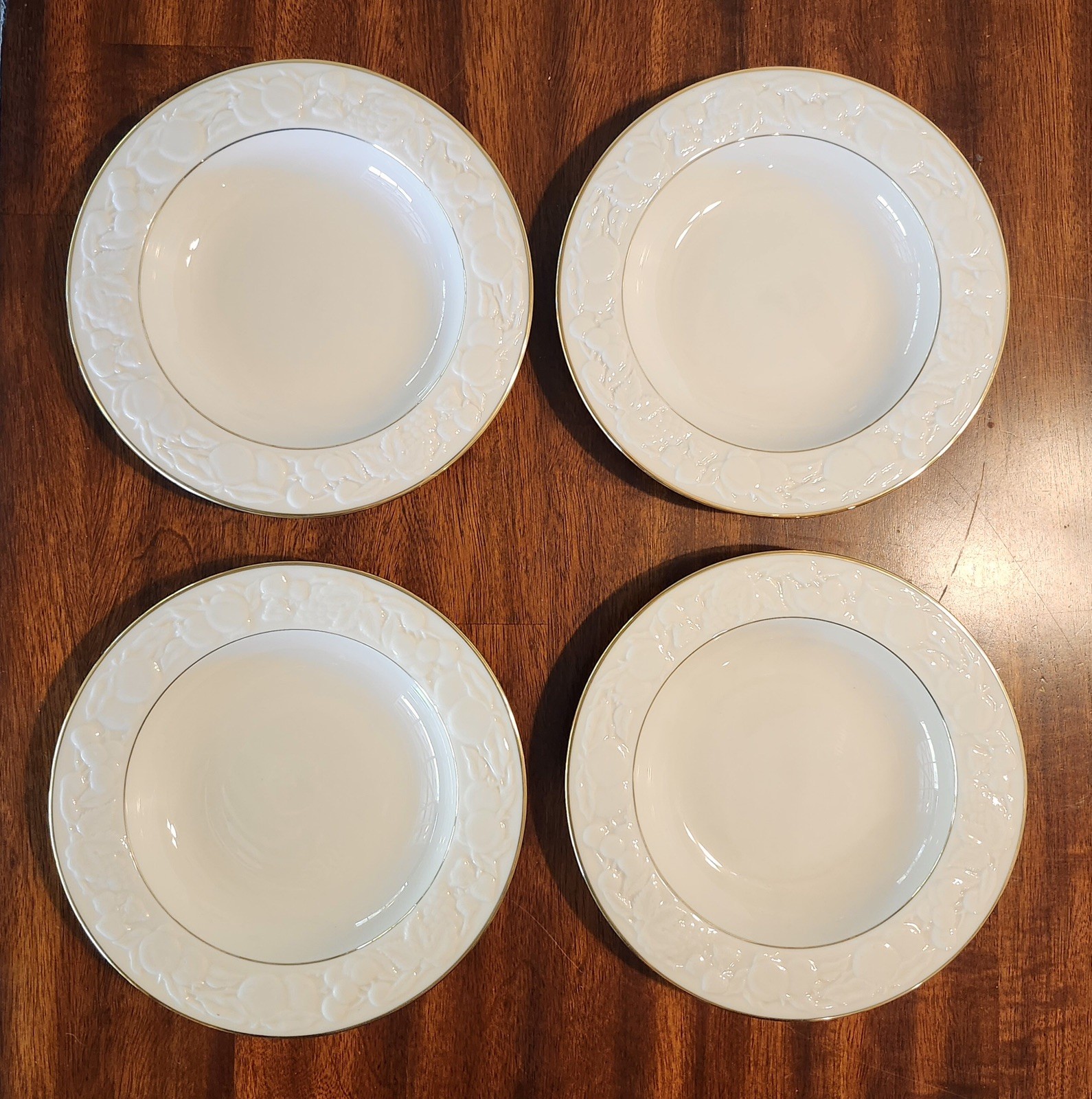 LENOX Fruits Of Life 9” Rimmed Soup/Pasta Bowls Set of 4 Gold Rim USA Excellent