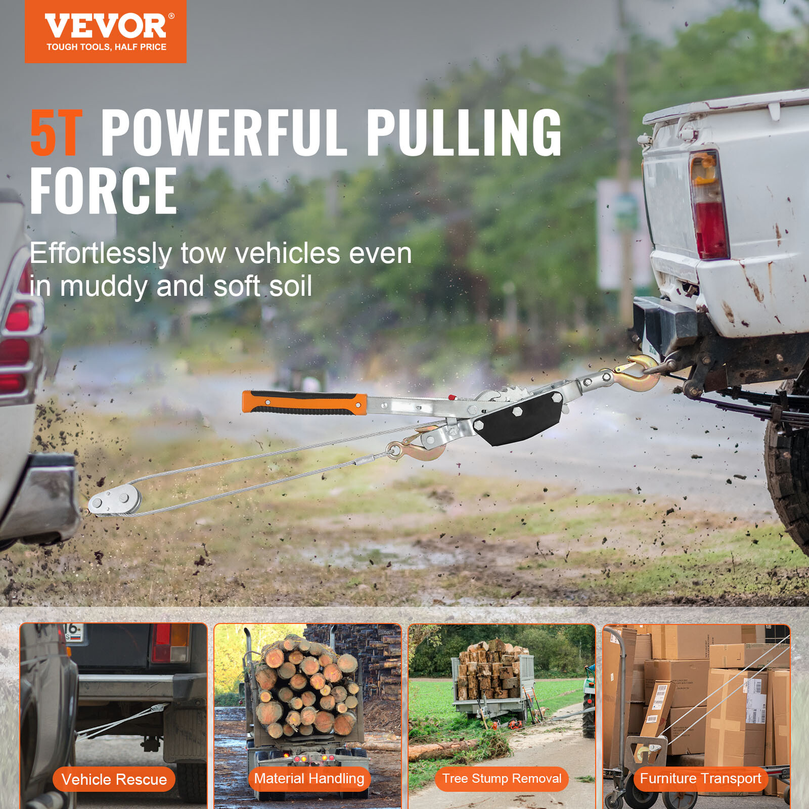 VEVOR Power Puller Come Along Winch 5 Ton 11023 lb Heavy Duty Pull Hoist 3 Hooks