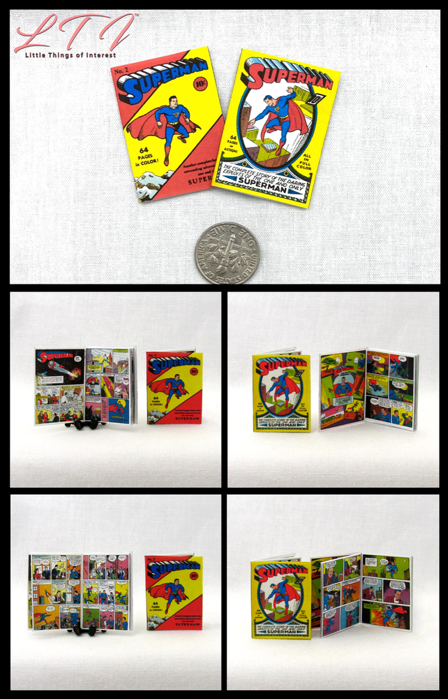 1:6 Scale SUPERMAN COMIC Set Miniature Readable Illustrated Comics 2 Pc