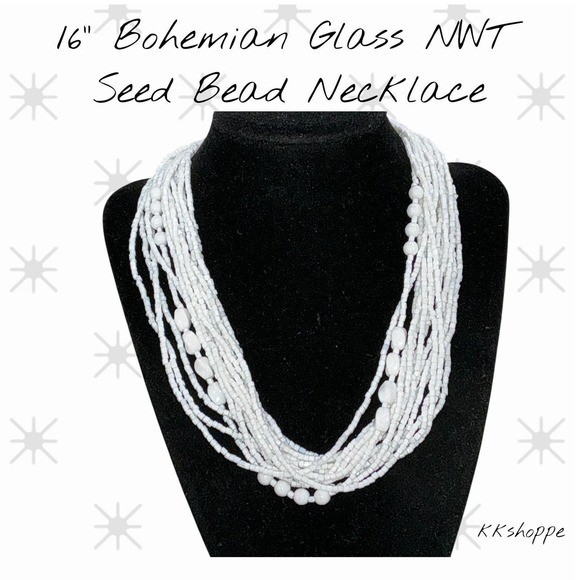 White Layered Bead Necklace Multi Strand Boho Bridal Summer Statement 16"