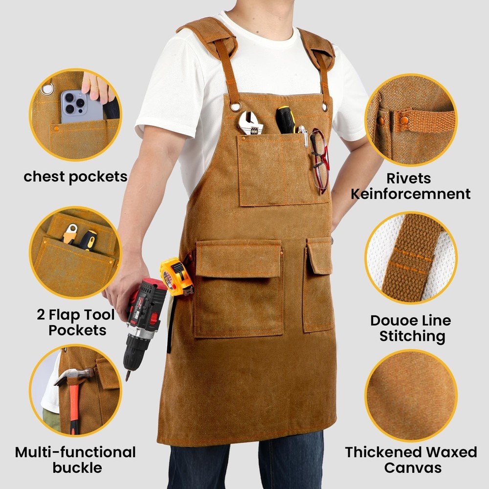Work Apron with Pockets Thickened Waxed Canvas Apron Extended Adjustable Stra...