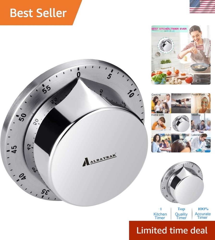 Magnetic Mechanical Kitchen Timer - Waterproof & Corrosion-Resistant - Silver