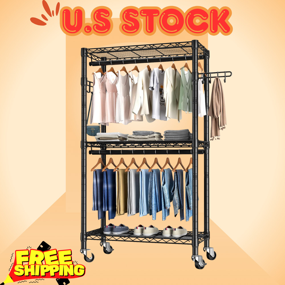 NEW Rolling Clothes Rack 3 Tier Adjustable Wire Shelving Double Rods Hooks