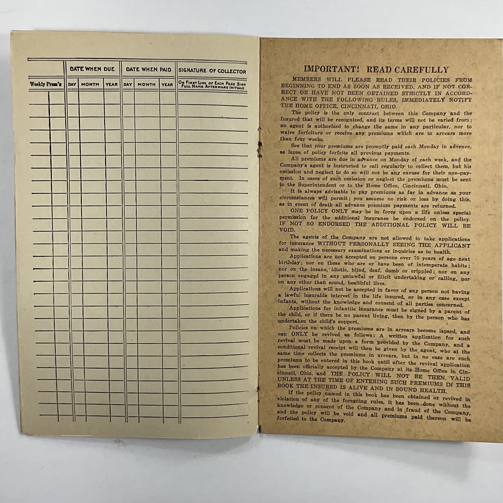 1921 Chillicothe, Ohio Frak Rays Western & Southern Insurance Receipt Book