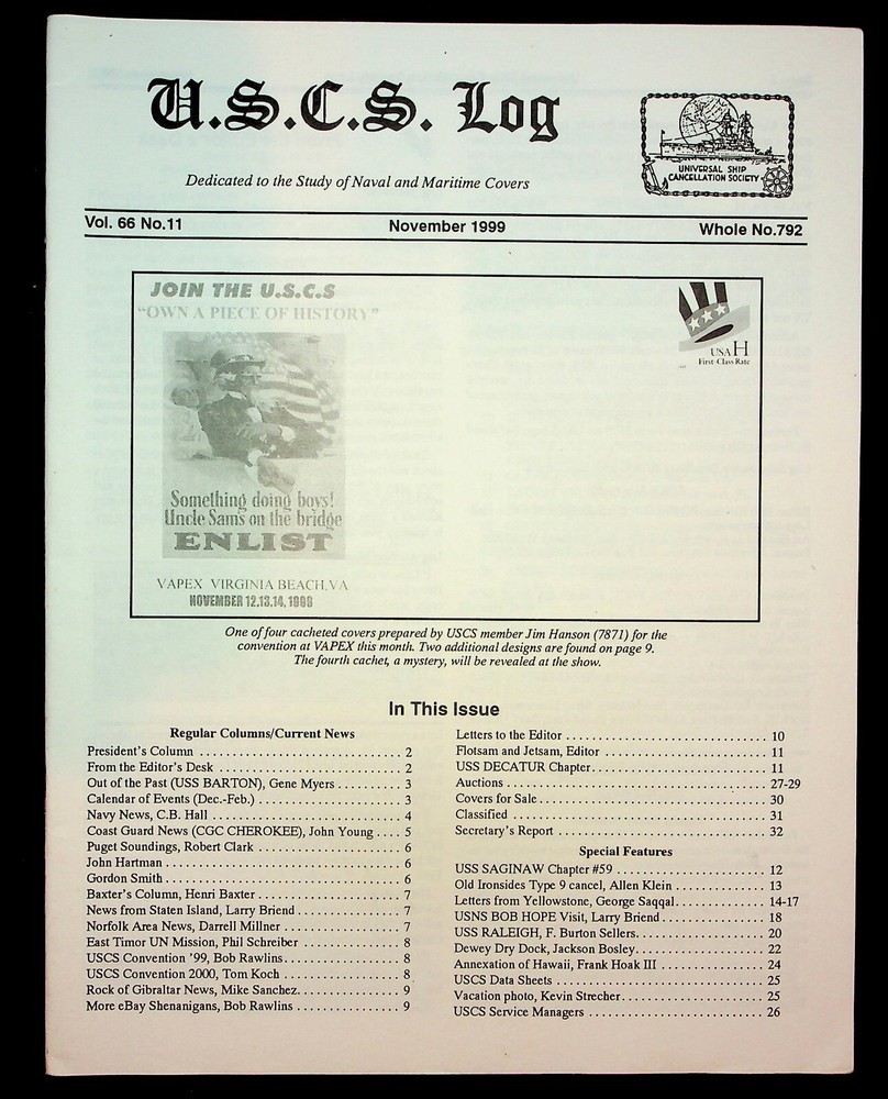 Universal Ship Cancellation Society USCS Log 1999 12 Newsletters Vol 66 No 1-12