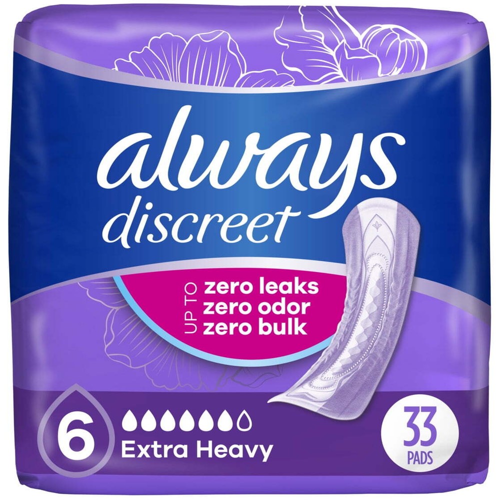 Always Discreet Incontinence Pads, Extra Heavy Absorbency, Regular, 33 Ct