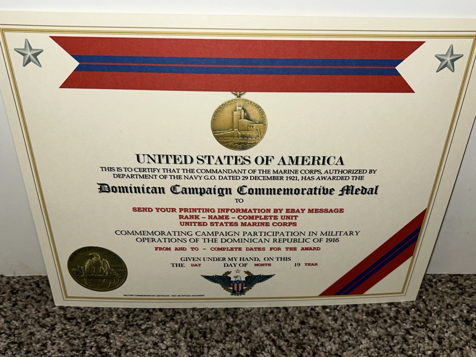 DOMINICAN CAMPAIGN (USMC) COMMEMORATIVE MEDAL CERTIFICATE ~ W/PRINTING TYPE-1